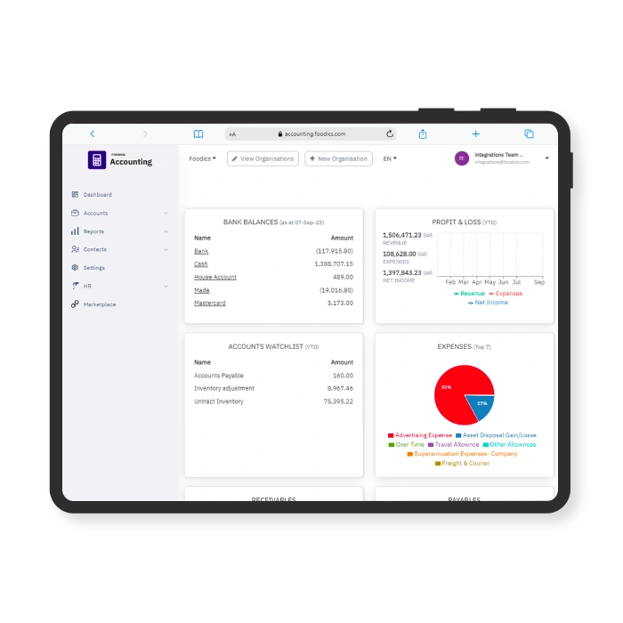 Foodics accounting dashboard on tablet